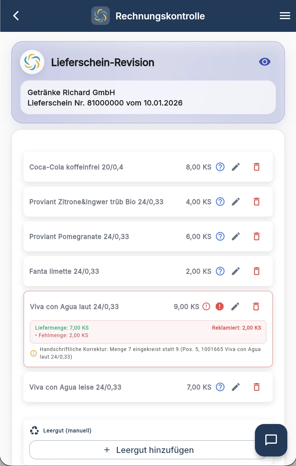 RechnungsWächter App-Screenshot zum Abgleich von Rechnung und Lieferschein mit Mengenabweichung
